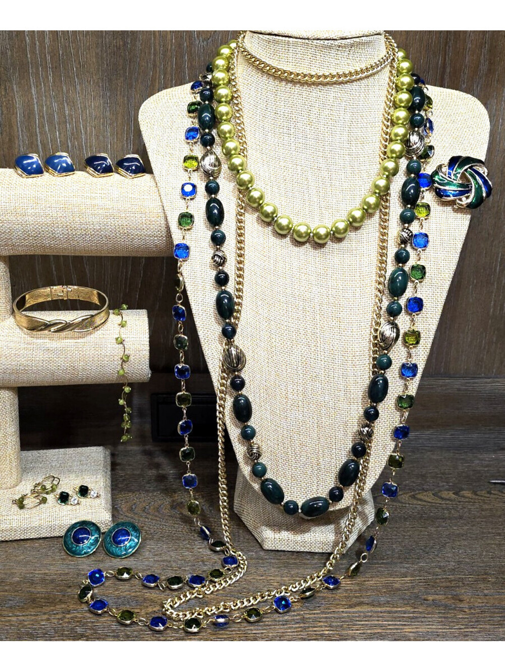 Green Blue Jewelry Lot Vintage Monet Avon Earrings Necklaces Bracelets Brooch